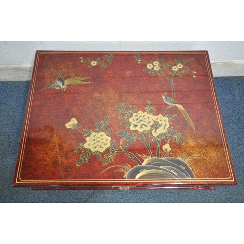 1212 - A 20TH CENTURY RED LACQUER AND CHINOISERIE MARRIAGE CHEST, depicting a variety of flowers and birds,... 