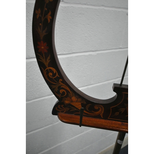 1222 - A GEORGIAN MAHOGANY TELESCOPIC SHEET MUSIC STAND, the tilting surface in the shape of a lyre, with m... 