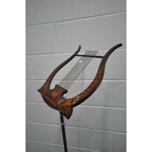 1222 - A GEORGIAN MAHOGANY TELESCOPIC SHEET MUSIC STAND, the tilting surface in the shape of a lyre, with m... 