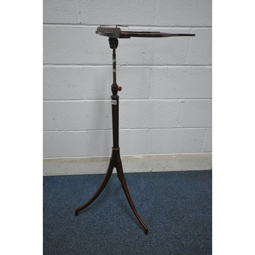 1222 - A GEORGIAN MAHOGANY TELESCOPIC SHEET MUSIC STAND, the tilting surface in the shape of a lyre, with m... 