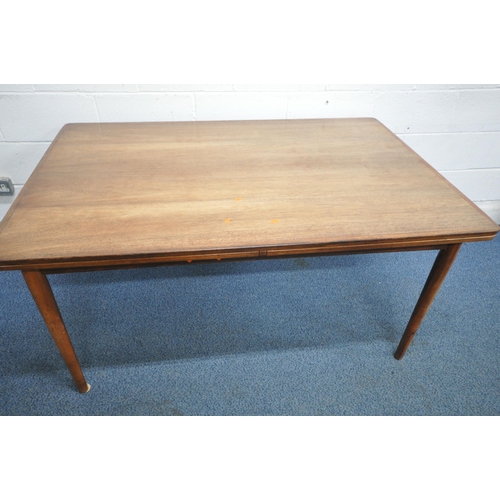 1233 - A MID CENTURY DANISH ROSEWOOD DRAW LEAF DINING TABLE, raised on cylindrical tapered legs, extended l... 