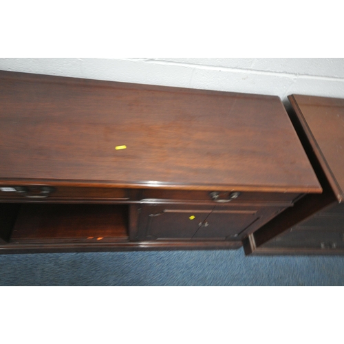 1237 - A LATE 20TH CENTURY MAHOGANY SIDEBOARD, fitted with three drawers, above four cupboard doors, length... 