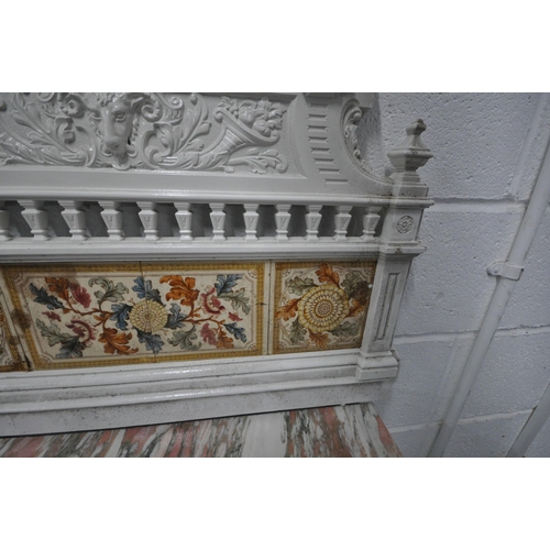 1239 - AN EARLY 20TH CENTURY WHITE PAINTED MARBLE TOP CAST IRON WASHSTAND, with an arched bevelled edge mir... 