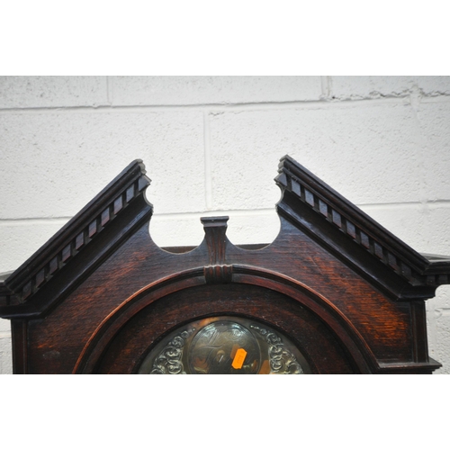 1244 - A GEORGIAN OAK EIGHT DAY LONGCASE CLOCK, with a broken arch pediment, Corinthian style pillar suppor... 