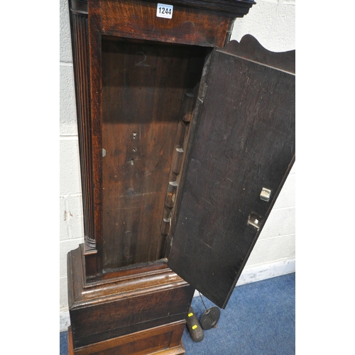 1244 - A GEORGIAN OAK EIGHT DAY LONGCASE CLOCK, with a broken arch pediment, Corinthian style pillar suppor... 