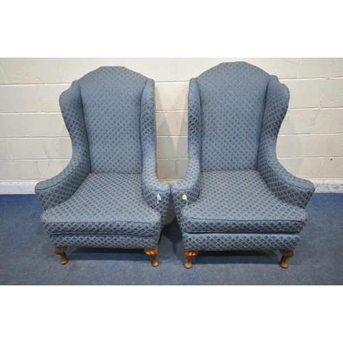 1248 - A PAIR OF REPRODUCTION GEORGIAN STYLE WING BACK ARMCHAIRS, with swept armrests, raised on front cabr... 