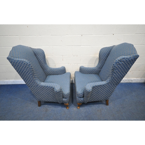 1248 - A PAIR OF REPRODUCTION GEORGIAN STYLE WING BACK ARMCHAIRS, with swept armrests, raised on front cabr... 