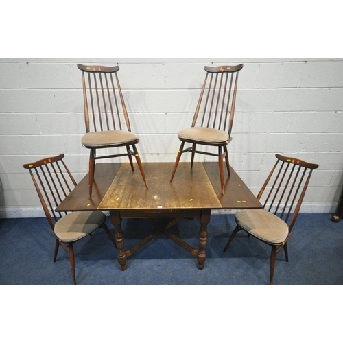 1257 - A 20TH CENTURY OAK DRAW LEAF TABLE, raised on turned legs, united by a cross stretcher, open width 1... 