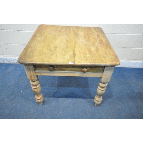 1264 - A 19TH CENTURY PINE KITCHEN TABLE, with a single drawer to one end, raised on turned legs, width 93c... 