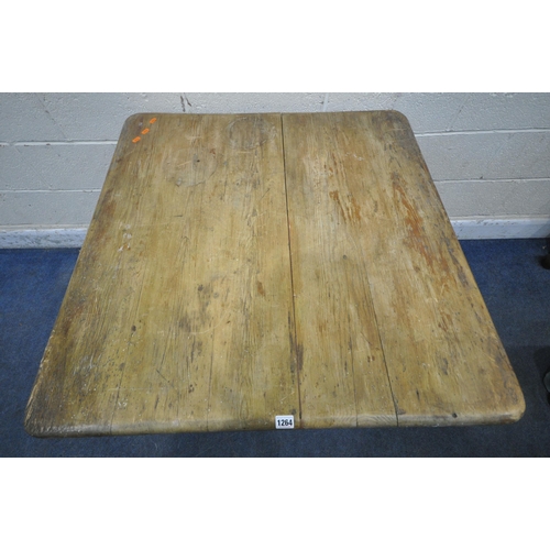 1264 - A 19TH CENTURY PINE KITCHEN TABLE, with a single drawer to one end, raised on turned legs, width 93c... 