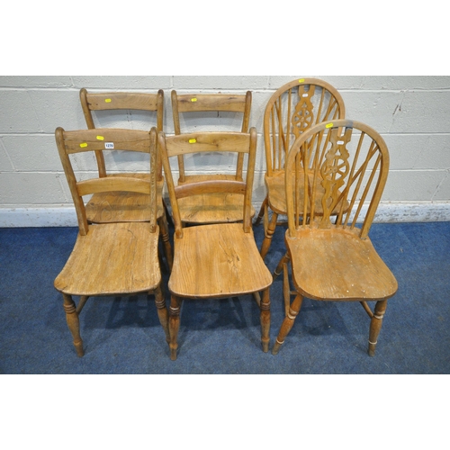 1270 - A SET OF FOUR ELM CHAIRS, raised on turned legs, and stretchers, along with a pair of elm seated whe... 