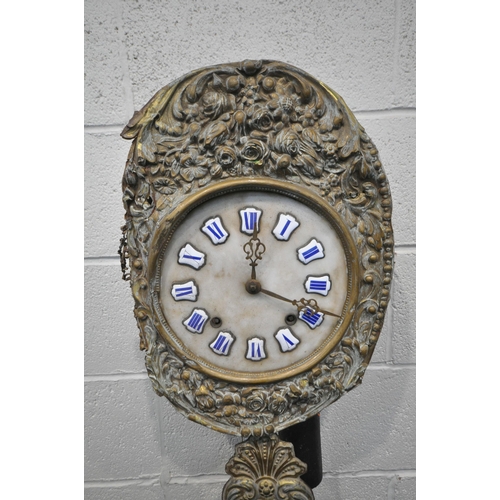 1299 - A 20TH CENTURY COMTOISE WALL CLOCK, with a pressed brass frame and pendulum, the 10 inch dial depict... 