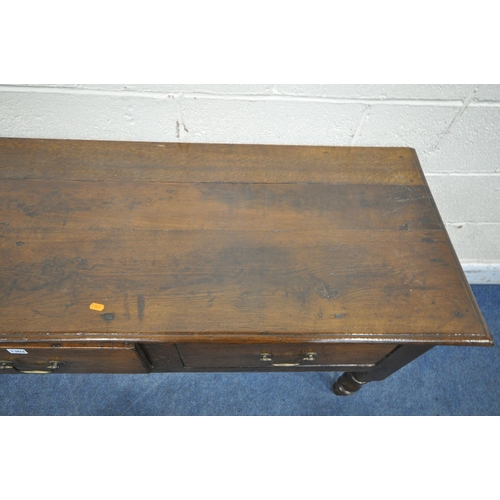 1303 - A GEORGIAN AND LATER OAK DRESSER BASE, fitted with three drawers, raised on turned front legs, lengt... 