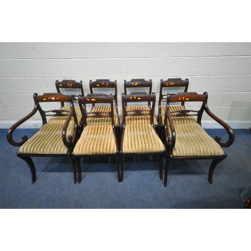 1321 - A SET OF EIGHT REGENCY MAHOGANY BAR BACK CHAIRS, including two carvers, with stripped drop in seat p... 