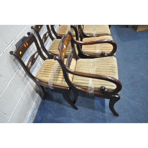 1321 - A SET OF EIGHT REGENCY MAHOGANY BAR BACK CHAIRS, including two carvers, with stripped drop in seat p... 