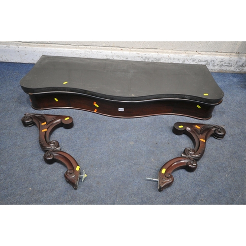 1327 - A VICTORIAN MAHOGANY WALL MOUNTED CONSOLE TABLE, with a slate top and a single drawer, and two scrol... 