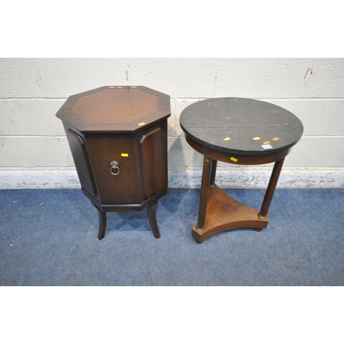 1332 - A REGENCY MAHOGANY CIRCULAR SLATE TOP OCCASIONAL TABLE, on triple cylindrical supports, diameter 50c... 