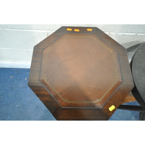 1332 - A REGENCY MAHOGANY CIRCULAR SLATE TOP OCCASIONAL TABLE, on triple cylindrical supports, diameter 50c... 