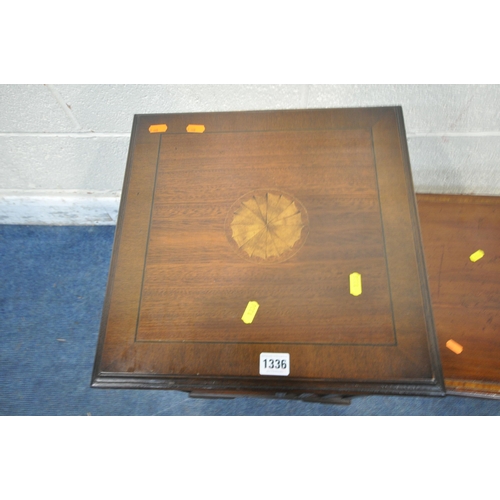 1336 - A 20TH CENTURY MAHOGANY REVOLVING BOOKCASE, with marquetry inlay to top, 40cm squared x height 60cm,... 