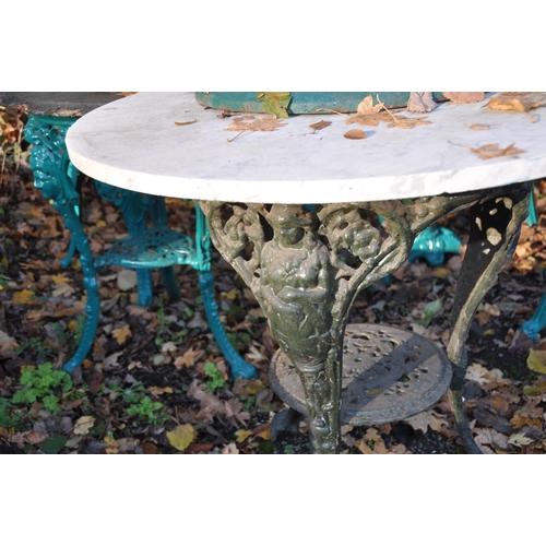 1035 - TWO VICTORIAN STYLE CAST IRON PUB TABLES, one with a white marble, 74cm round top, the other with a ... 