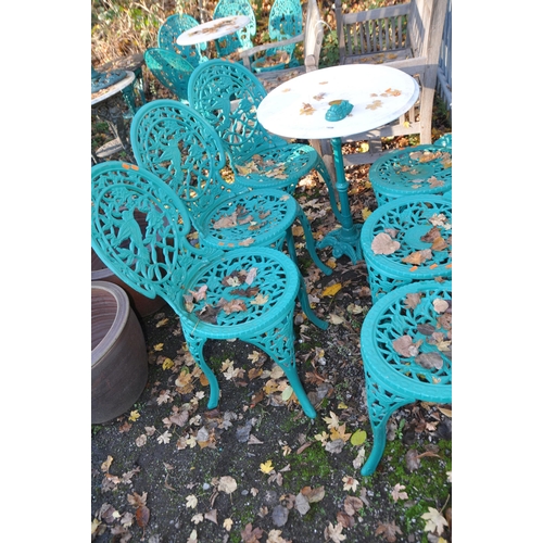 1038 - A SET SIX OF MODERN CAST GARDEN CHAIRS, with foliage and hummingbird to back rest, and a Victorian s... 