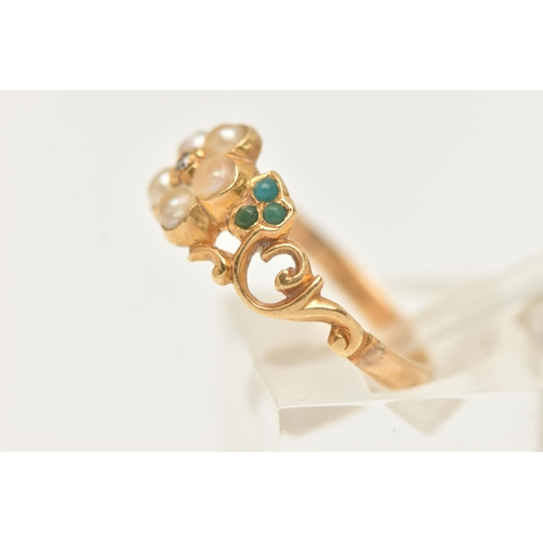 16 - A YELLOW METAL SPLIT PEARL, TURQUIOSE AND DIAMOND RING, floral design set with a small central rose ... 