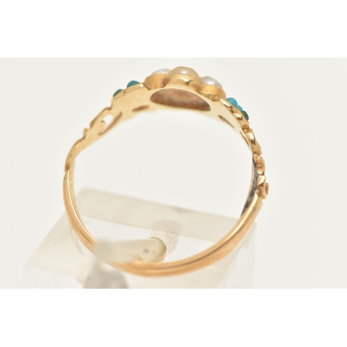 16 - A YELLOW METAL SPLIT PEARL, TURQUIOSE AND DIAMOND RING, floral design set with a small central rose ... 