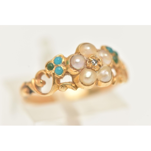 16 - A YELLOW METAL SPLIT PEARL, TURQUIOSE AND DIAMOND RING, floral design set with a small central rose ... 