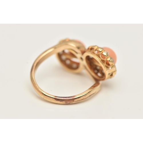 19 - A YELLOW METAL CORAL AND DIAMOND RING, of a cross over design, with two circular clusters each with ... 