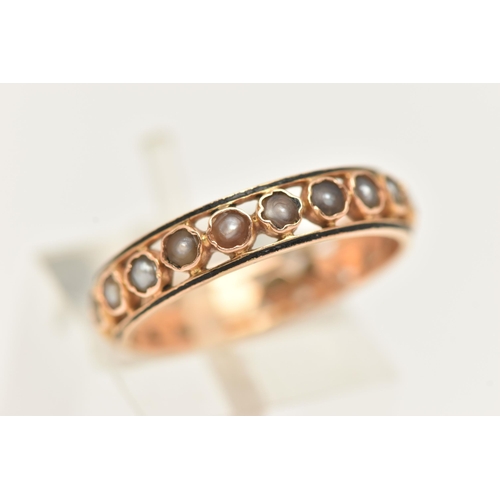 20 - A YELLOW METAL SPLIT PEARL AND ENAMEL FULL ETERNITY RING, set with a row of worn split pearls, each ... 