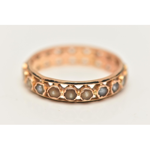 20 - A YELLOW METAL SPLIT PEARL AND ENAMEL FULL ETERNITY RING, set with a row of worn split pearls, each ... 