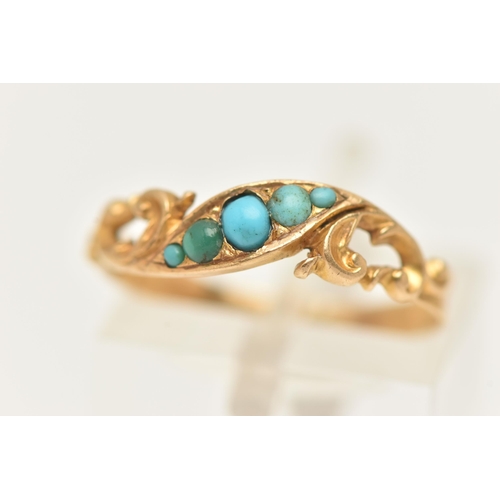 22 - A YELLOW METAL TURQUOISE RING, set with a row of five small turquoise cabochons, to the scrolling sh... 