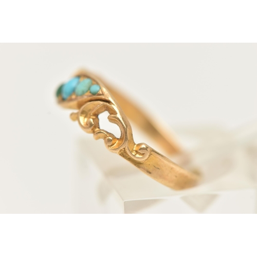 22 - A YELLOW METAL TURQUOISE RING, set with a row of five small turquoise cabochons, to the scrolling sh... 