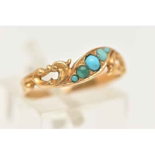 22 - A YELLOW METAL TURQUOISE RING, set with a row of five small turquoise cabochons, to the scrolling sh... 