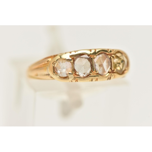 25 - A YELLOW METAL DIAMOND RING, set with four rose cut diamonds (one tinted yellow), each in a claw/col... 