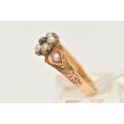 27 - A YELLOW METAL SPLIT PEARL AND DIAMOND MEMORIAL RING, designed as a flower set with a very small cen... 