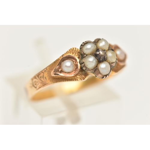 27 - A YELLOW METAL SPLIT PEARL AND DIAMOND MEMORIAL RING, designed as a flower set with a very small cen... 