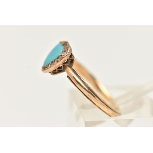 28 - A YELLOW METAL TURQUOISE AND DIAMOND HEART RING, heart cut turquoise within a surround of rose cut d... 