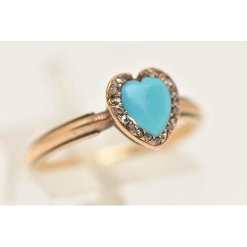 28 - A YELLOW METAL TURQUOISE AND DIAMOND HEART RING, heart cut turquoise within a surround of rose cut d... 