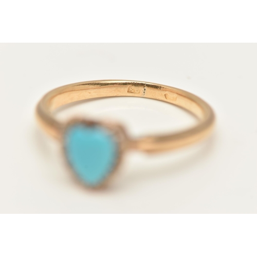 28 - A YELLOW METAL TURQUOISE AND DIAMOND HEART RING, heart cut turquoise within a surround of rose cut d... 