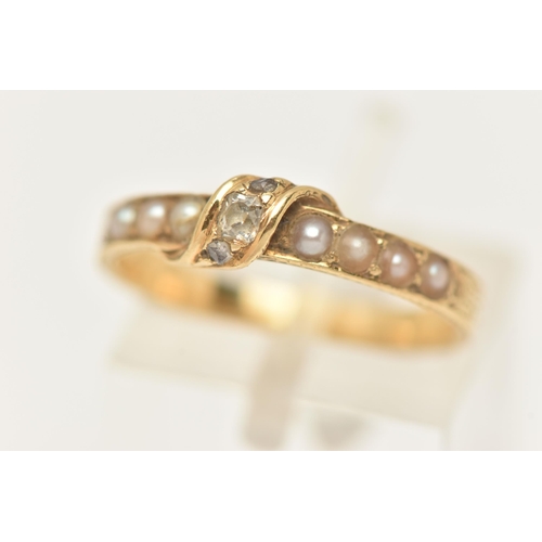 30 - A YELLOW METAL SPLIT PEARL AND DIAMOND RING, set with a row of split pearls, with a central panel se... 