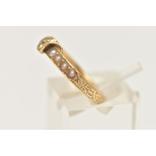 30 - A YELLOW METAL SPLIT PEARL AND DIAMOND RING, set with a row of split pearls, with a central panel se... 