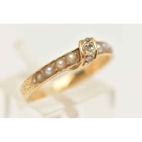 30 - A YELLOW METAL SPLIT PEARL AND DIAMOND RING, set with a row of split pearls, with a central panel se... 