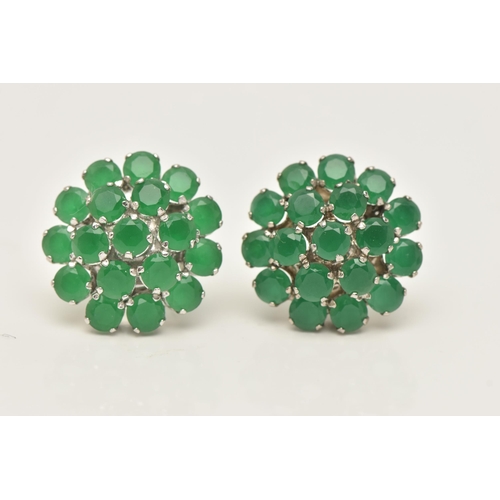 34 - A PAIR OF GEM SET CLUSTER EARRINGS, circular cut green paste stones, prong set in white metal, stamp... 