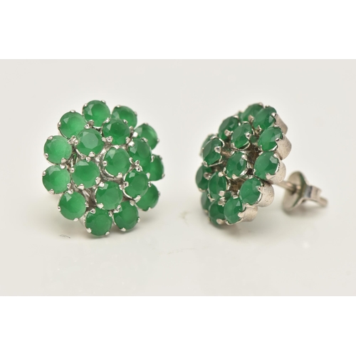 34 - A PAIR OF GEM SET CLUSTER EARRINGS, circular cut green paste stones, prong set in white metal, stamp... 