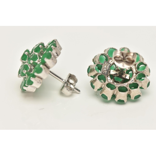 34 - A PAIR OF GEM SET CLUSTER EARRINGS, circular cut green paste stones, prong set in white metal, stamp... 