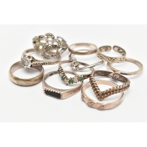 37 - AN ASSORTMENT OF ELEVEN RINGS, to include two silver rings, both with British hallmarks, approximate... 