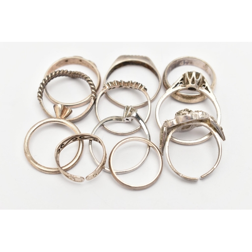 37 - AN ASSORTMENT OF ELEVEN RINGS, to include two silver rings, both with British hallmarks, approximate... 