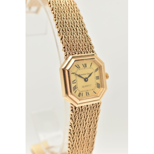 39 - A LADIES 9CT GOLD 'BUECHE-GIROD' WRISTWATCH, quartz movement, square gold tone dial with cut off cor... 