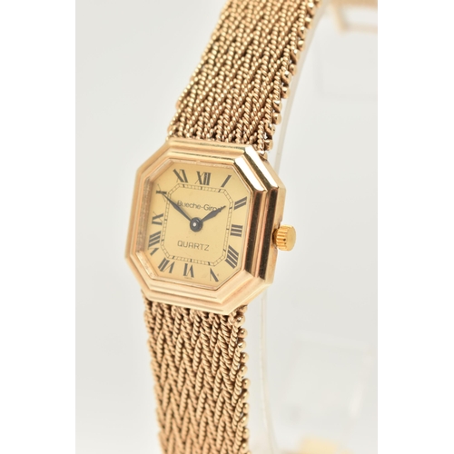 39 - A LADIES 9CT GOLD 'BUECHE-GIROD' WRISTWATCH, quartz movement, square gold tone dial with cut off cor... 